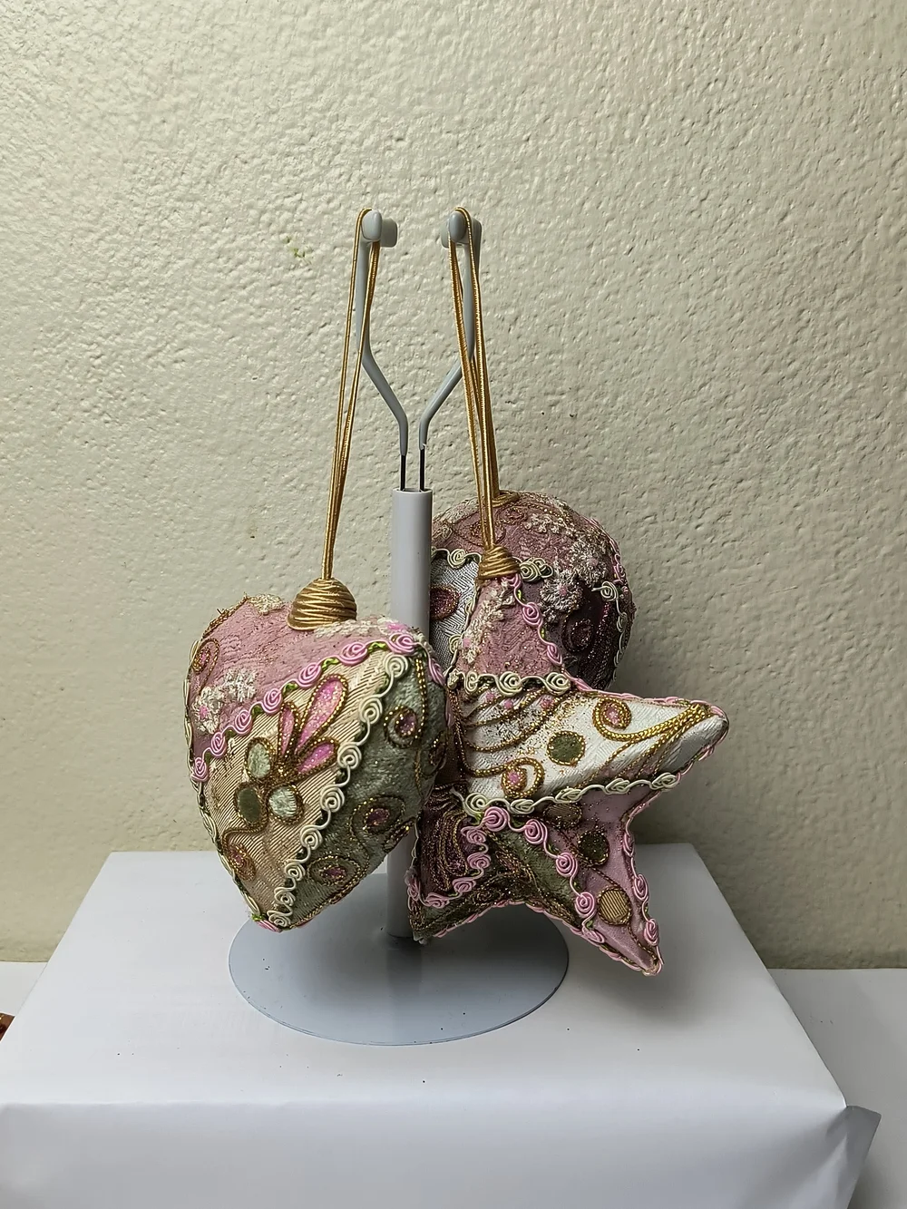 Decorative Pink and Gold Holiday Ornament Trio - Star, Heart & Ball